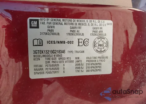 2009 GMC Sierra 1500 Slt from USA, damaged, VIN 3GTEK13219G218346